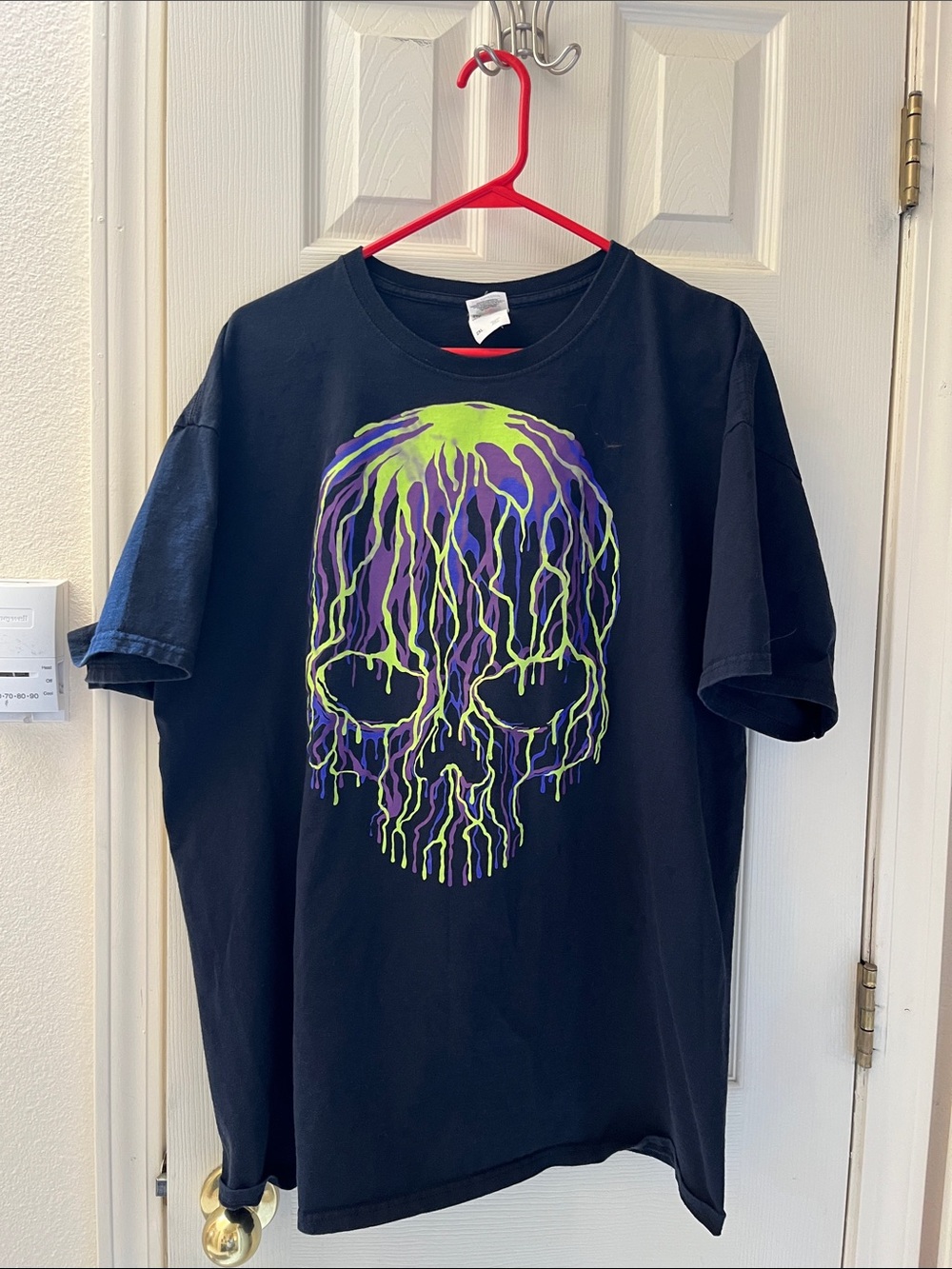 Fruit of the Loom Black T‑Shirt with Neon Green and Purple Graphic